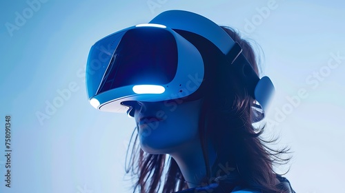 Portrait of a young woman wearing a virtual reality headset. She is looking at something in the distance. The headset is blue and white.