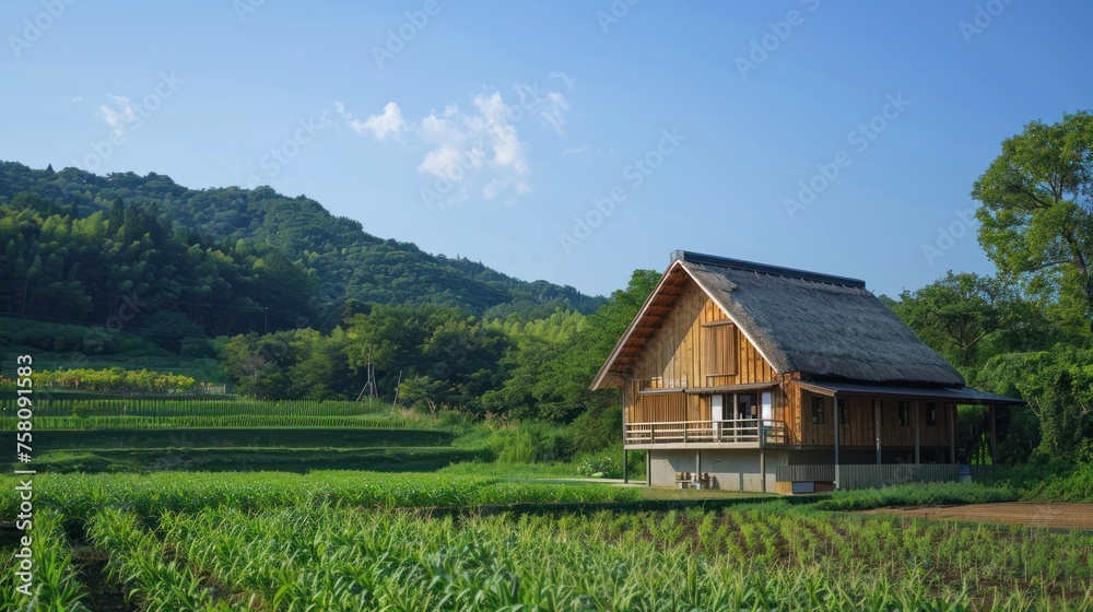 rice barn and granary aesthetics, wooden exteriors, shining concrete base, surrounded by a beautiful garden, serene natural light, rice barn and granary aesthetics, wooden exteriors, shining concrete base, surrounded by a beautiful garden, serene natural light,