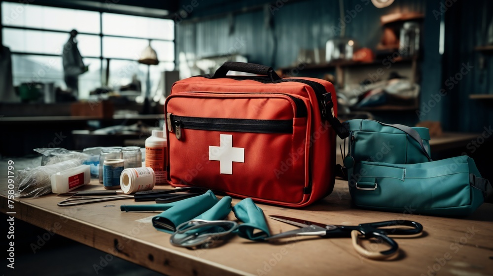 Expansive view of a first aid kit in a workshop or construction site. Expansive view of a first aid kit in a workshop or construction site.