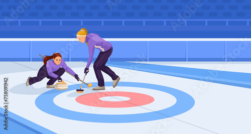 Female sportsman training to play curling in special ice arena. Red and blue markings on the ice. No spectators. Concept of hard work to win. Vector illustration