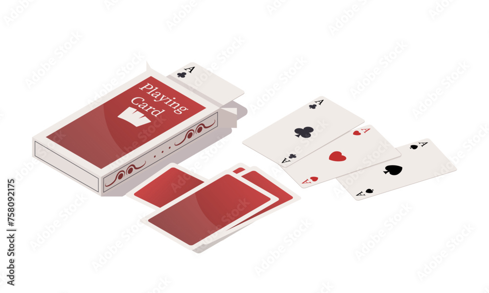 Stack of playing cards with four aces of suits of hearts, spades, diamonds, crosses. Try your luck to win. Competitive game. Isolated on white background. Vector illustration
