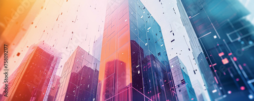 Dynamic abstract cityscape with vibrant color overlays and digital elements suggesting connectivity and futuristic urban growth. Digital background with copyspace photo