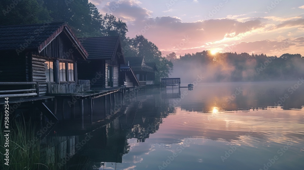 Fototapeta premium Lakeside serenity: captivating houses by the lake in the radiant glow of sunrise