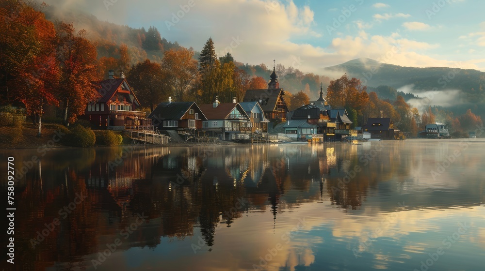 Lakeside serenity: captivating houses by the lake in the radiant glow of sunrise