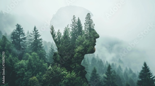 Intricate double exposure art  man s silhouette creatively blended with detailed forest landscape © Andrei