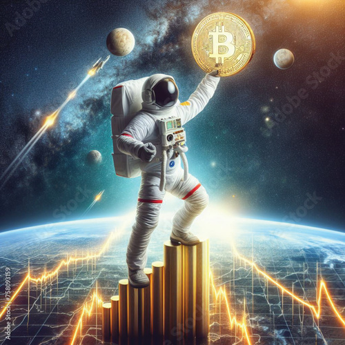 Visionary holding a Bitcoin coin triumphantly, wearing an astronaut suit, standing on top of a graph. Ready to propel upward into the unknown. To new sky heights, to the moon © Ywn