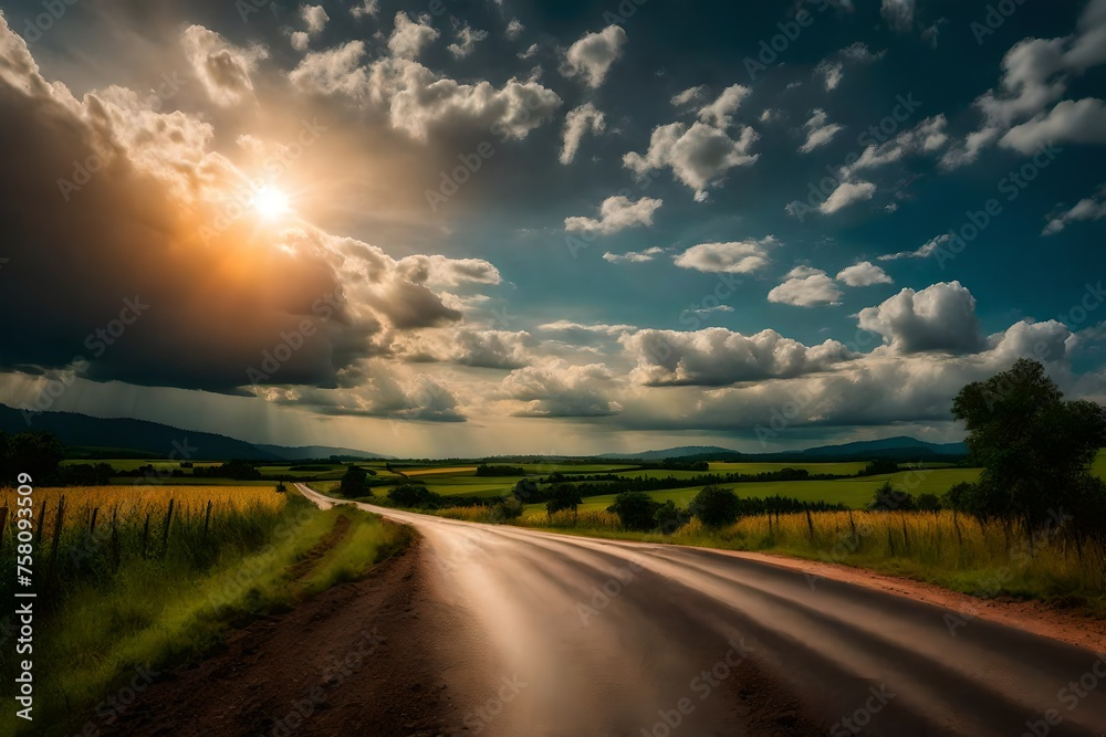 sunset over the road in landscapes with cloudy sky