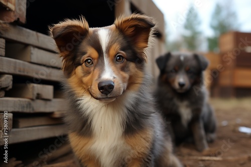 Two adorable sad homeless street mongrel puppies looking for shelter outside