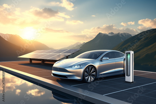 Electric car is charged from a charging station that takes energy from solar panels.