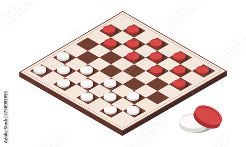 Interesting board game, checkers. Red and white chips. Competitive for two players. Opponets fight till the last coin. Simplified chess. Isolated on white background. Isometric vector illustration.