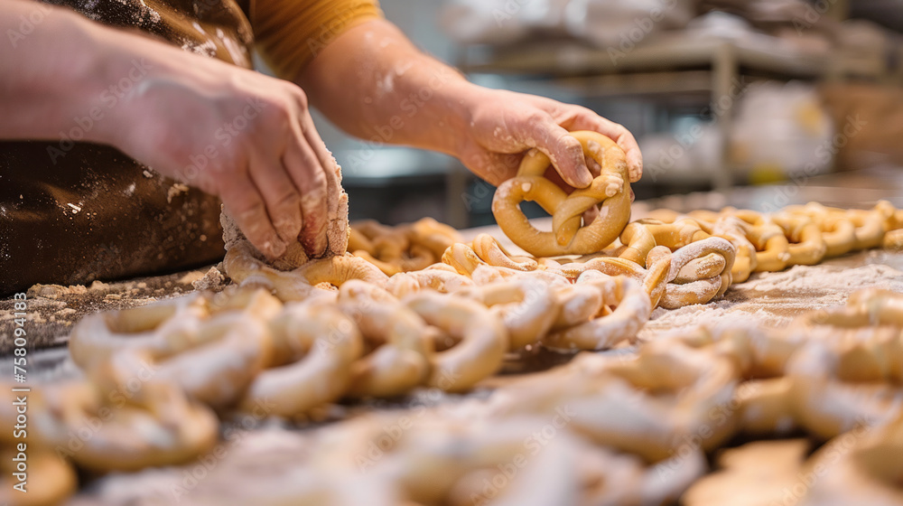 Up-close view of raw pretzels being handmade, highlighting the precision and skill involved in traditional baking
