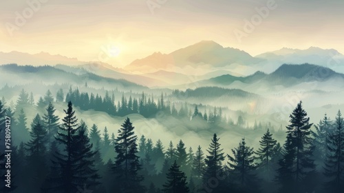 Misty morning in the forest: serene landscape with fog, mountains, and sunlight. Panoramic illustration of nature's beauty