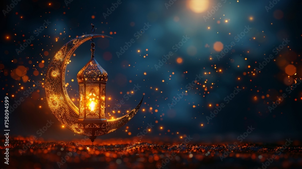 An abstract Ramadan lantern with a crescent in technology blue polygonal style. An Aid lantern with a burning candle inside. A digital Kareem lamp and moon. An Islamic background in polygonal style. - obrazy, fototapety, plakaty 