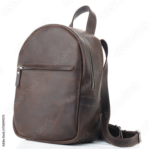 Brown leather backpack isolated on white