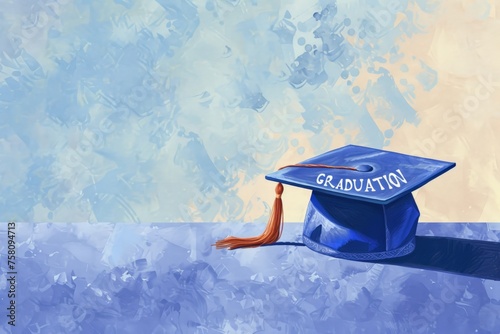 Blue graduation cap with tassel against abstract watercolor, 'GRADUATION' text photo