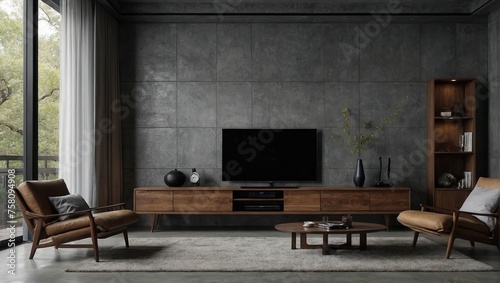 Cabinet TV in modern living room on concrete wall background