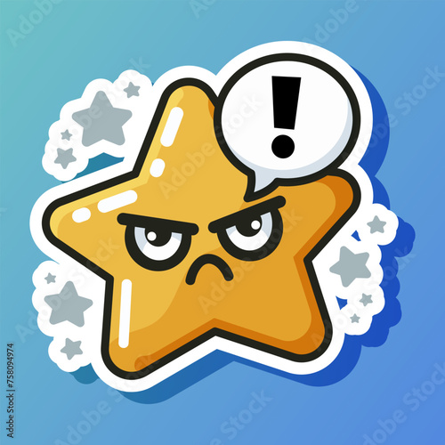 Sticker with yellow thoughtful star form emoticon. Cute cartoon design. Brooding emotion expression. Concept of unknown and doubt. Hesitating face. Isolated on blue background. Vector illustration
