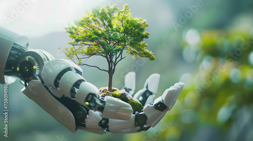 Robotic hand hold growing tree, growth of investment and environmental conservation using robots and AI, sustainable growth of investments and savings concept photo