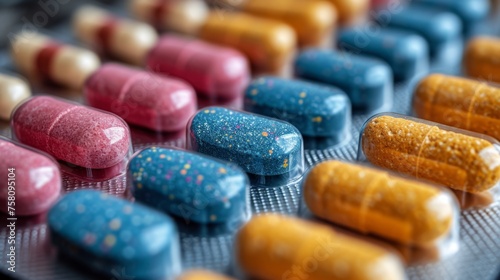 colorful pill capsules, medicine tables in blisters, closeup view 
