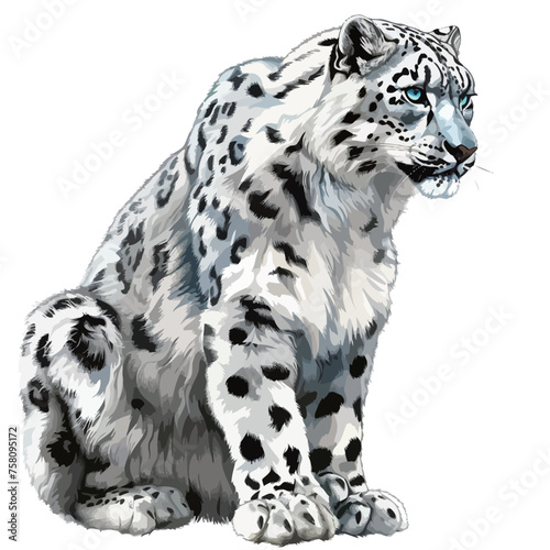 a snow leopard is sitting on a white background.