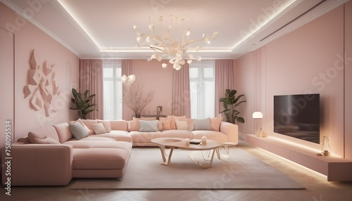 A sophisticated isometric living room design with sculptural furniture pieces in muted pastel tones  enhanced by soft  indirect lighting to accentuate the intricate details of the d  cor.