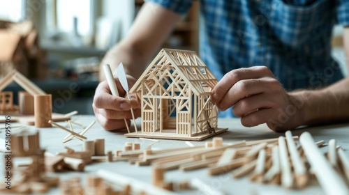 Person building a little house model using natural wooden dowel rods, Crisp, clear, bright color. photo