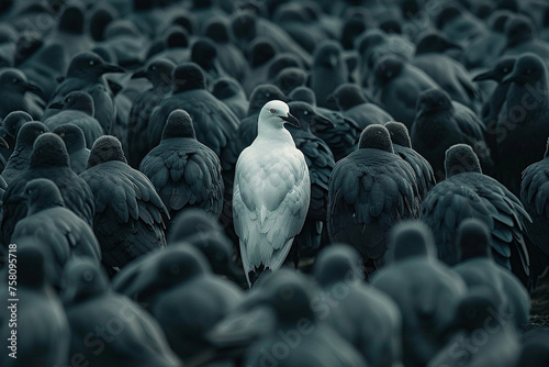 White bird amidst gray flock, man watches, standing out.