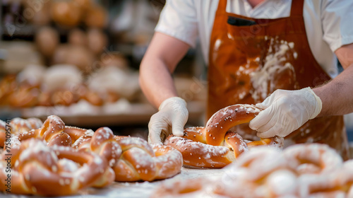 Expert baker in white gloves inspecting twisty sugar-coated pretzels laid out on the rack in a bakery
