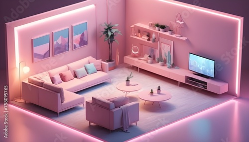 A futuristic isometric living room scene with angular, minimalist furniture arrangements in pastel shades, illuminated by dynamic LED strips and subtle ray tracing reflections.