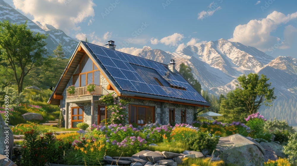 rural modern house with garden, solar panels, mountains in the background