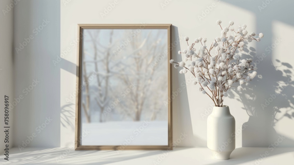 Cozy winter home decor: blank wooden frame mockup & flowers on windowsill with snowy landscape background Cozy winter home decor: blank wooden frame mockup & flowers on windowsill with snowy landscape background
