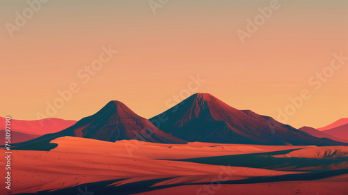 a minimalist desert landscape at sunset, featuring smooth sand dunes and majestic mountains under a gradient orange sky, creating a serene and tranquil atmosphere.