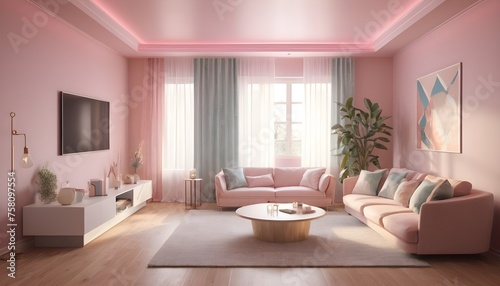 An isometric living room design characterized by its high-detail textured surfaces, pastel-colored décor, and intricate lighting effects, rendered with advanced ray tracing technology. © Muhammad