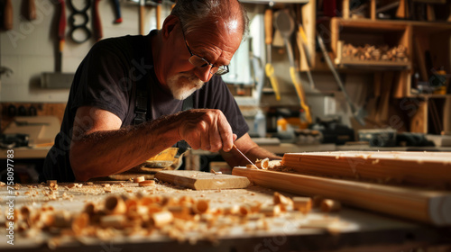 Senior Craftsman Carving Wood in Workshop, Concentration and Expertise in Craft