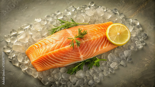 Salmon Fillet on Ice with Lime Wedges and Parsley on Slate Background