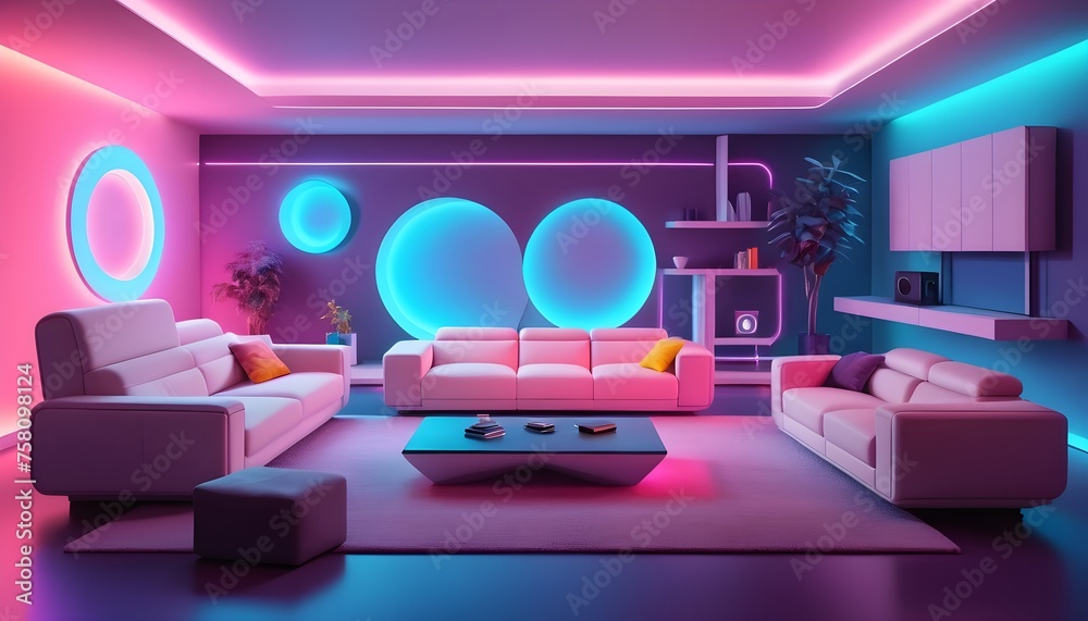 A futuristic isometric living room with avant-garde furniture arrangements, illuminated by dynamic, colorful LED lighting against a backdrop of soft, gradient walls.
