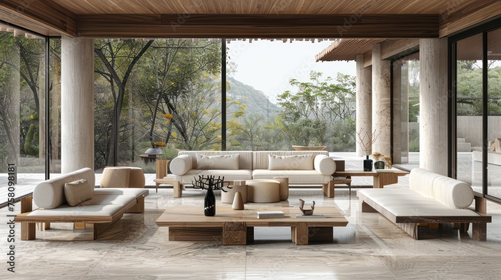 Fototapeta premium this living room is full of white wooden furniture and large windows, in the style of song dynasty, 