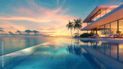 Sunset serenity: modern luxury villa with infinity pool in tropical beach resort © Ashi