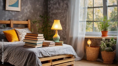 A cozy bedroom corner with a stack of books illuminated by a reading lamp.