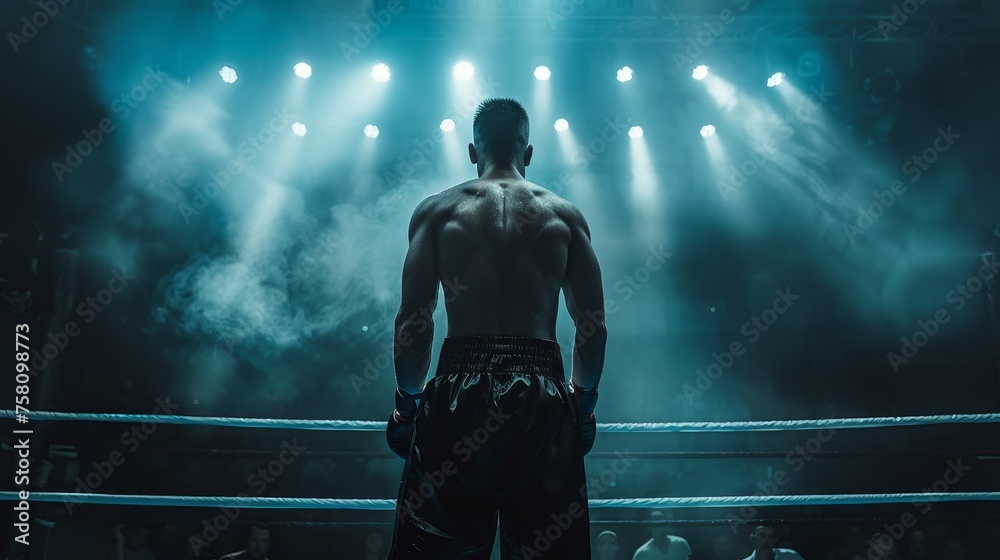 Fototapeta premium Professional boxer fight in ring with spot lighting