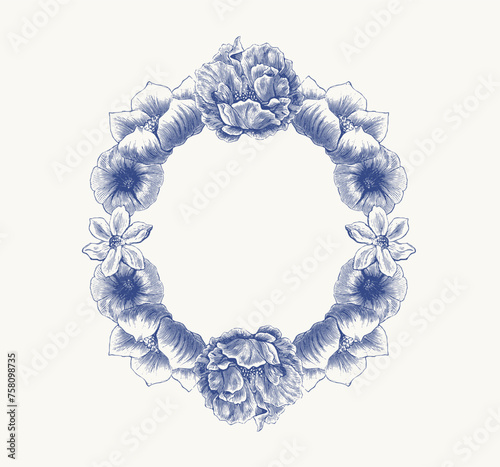 Vintage Floral Wreath Line Art Illustration - 
A Circular Frame of Flowers