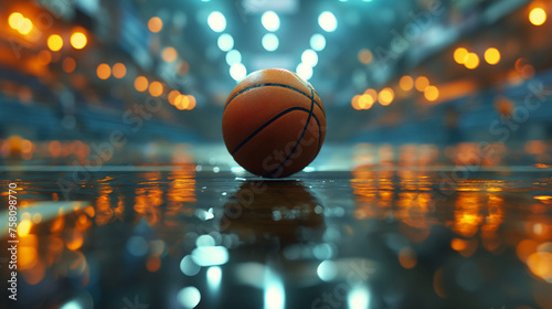 Basketball ball on glossy court floor with lighting background.