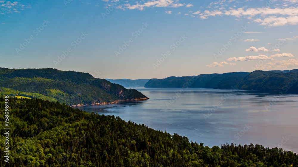 Saguenay river, Canada - August 18 2019: Stunning panoramic view of Sagueney River Valley during sunset