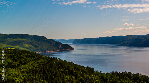 Saguenay river, Canada - August 18 2019: Stunning panoramic view of Sagueney River Valley during sunset