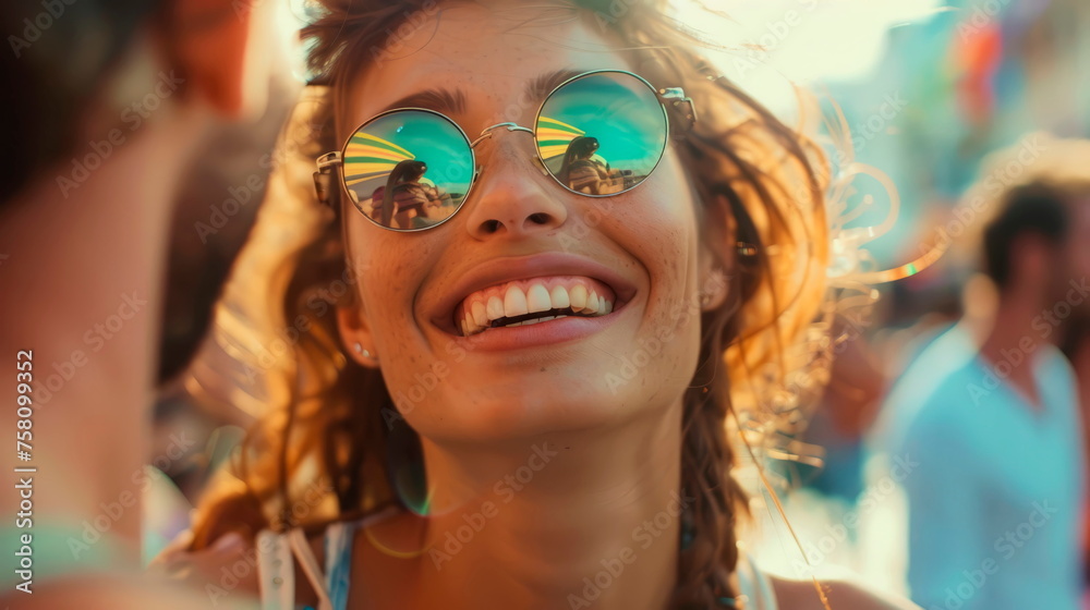 Excited couple attending a festive summer carnival or street festival during their vacation, soaking up the lively atmosphere and cultural festivities. Generative AI Excited couple attending a festive summer carnival or street festival during their vacation, soaking up the lively atmosphere and cultural festivities. Generative AI
