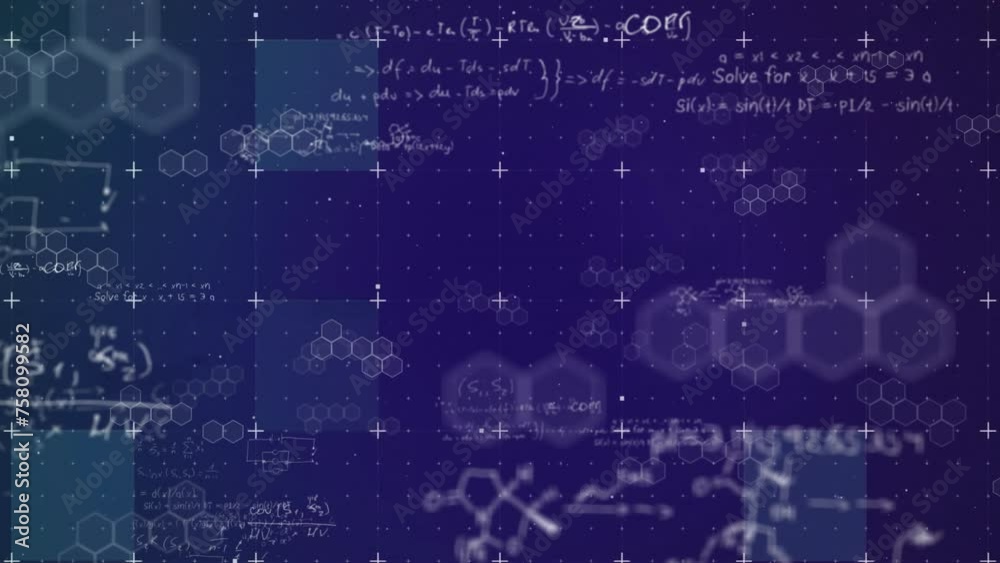Animation of mathematical equations over squares on blue background