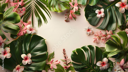 Creative layout of foliage with space for text. Frame of leaves and flowers. Floral background. View from above.