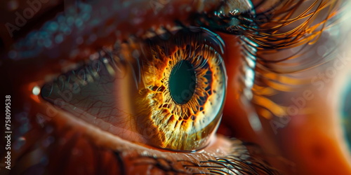 human eye, revealing the intricate patterns of the iris and the reflection of light in the pupil. Generative AI