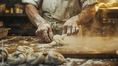 An artisan baker shapes dough on a rustic wooden board, a display of the art of bakery
