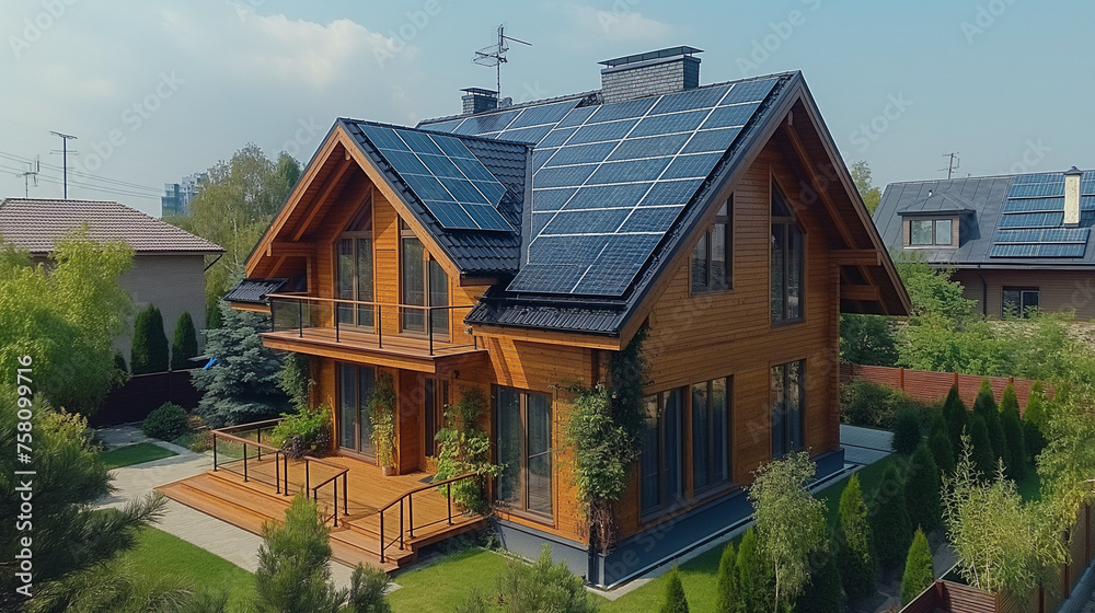 Solar panels on the roof of the modern house. Solar panels on a gable roof. Beautiful, large modern house and solar energy. 